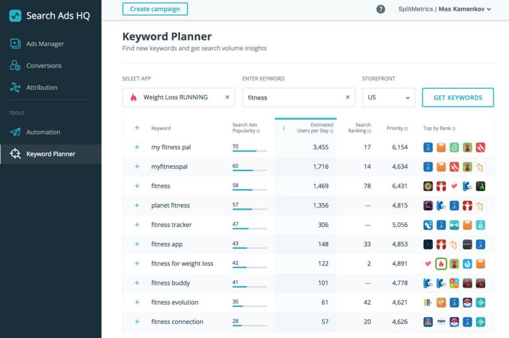 SearchAdsHQ Keyword Planner dashboard