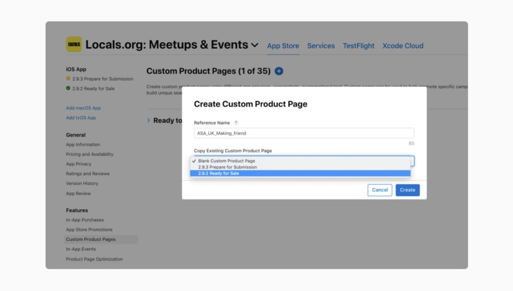 A screenshot from App Store Connect, creation of a custom product page.