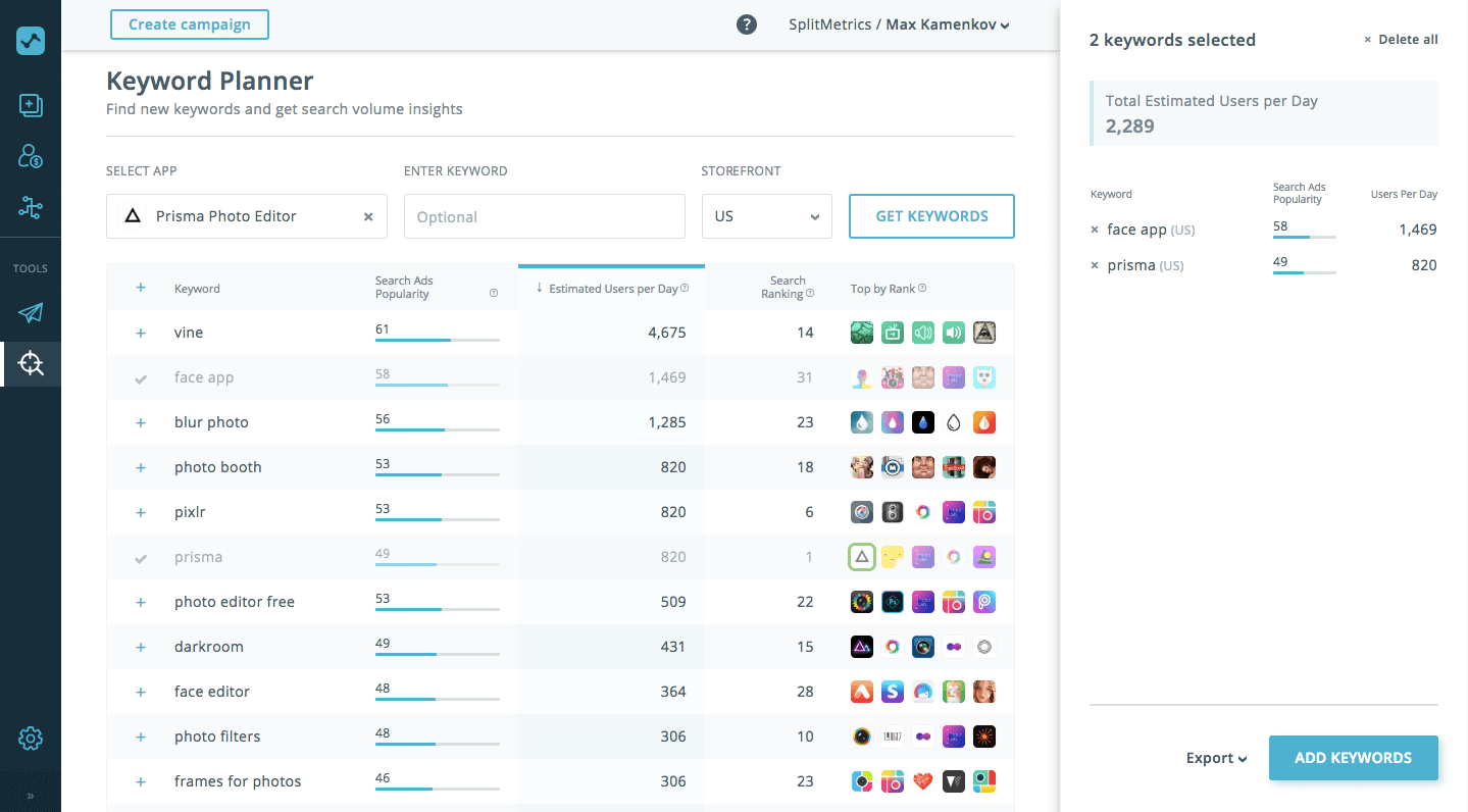 SearchAdsHQ Keyword planner