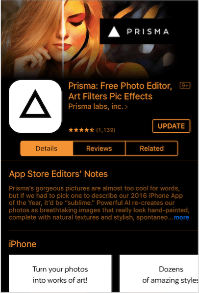 Prisma Editor pick page