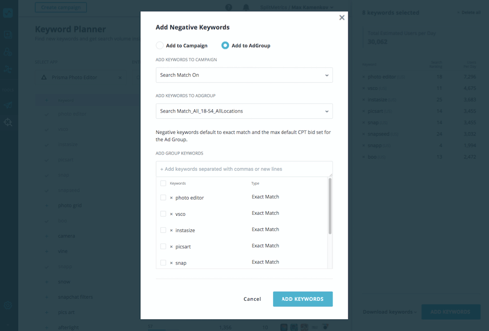 SearchAdsHQ negative keywords CSV upload