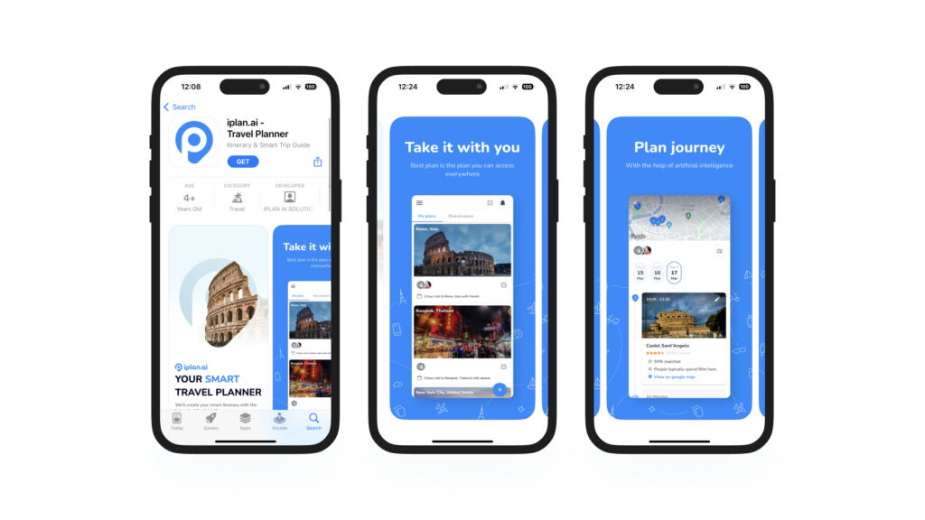 Screenshots of iplan.ai, a travel planning app using AI
