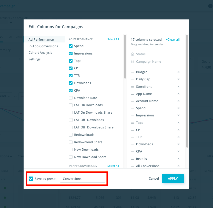 Apple Search Ads management: saving column preset