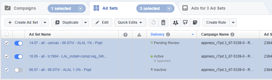 Facebook App Install Ads ad sets splitmetrics